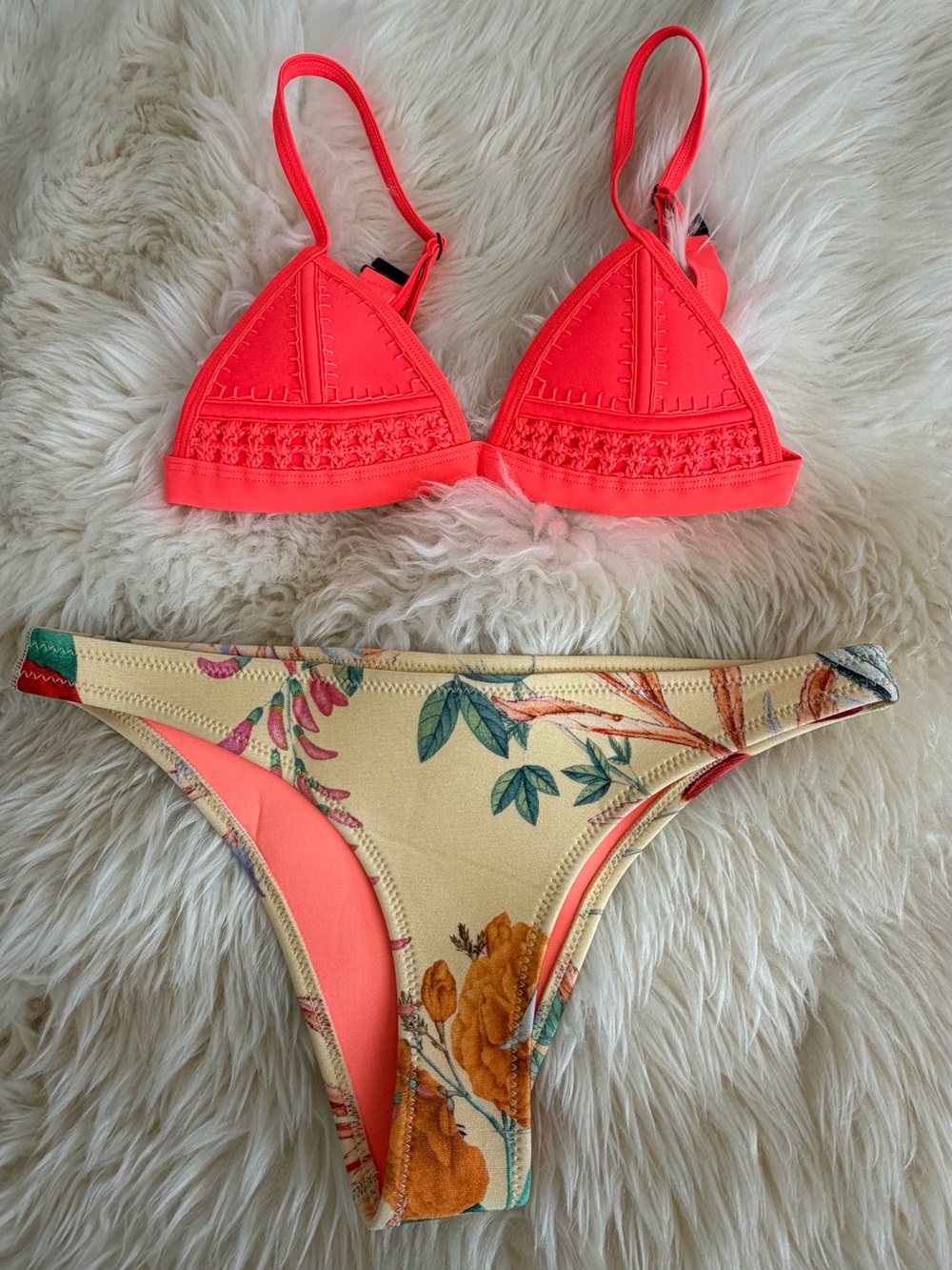 triangl swimwear Neon Coral Triangle Bikini Top with Floral Cream Bottoms